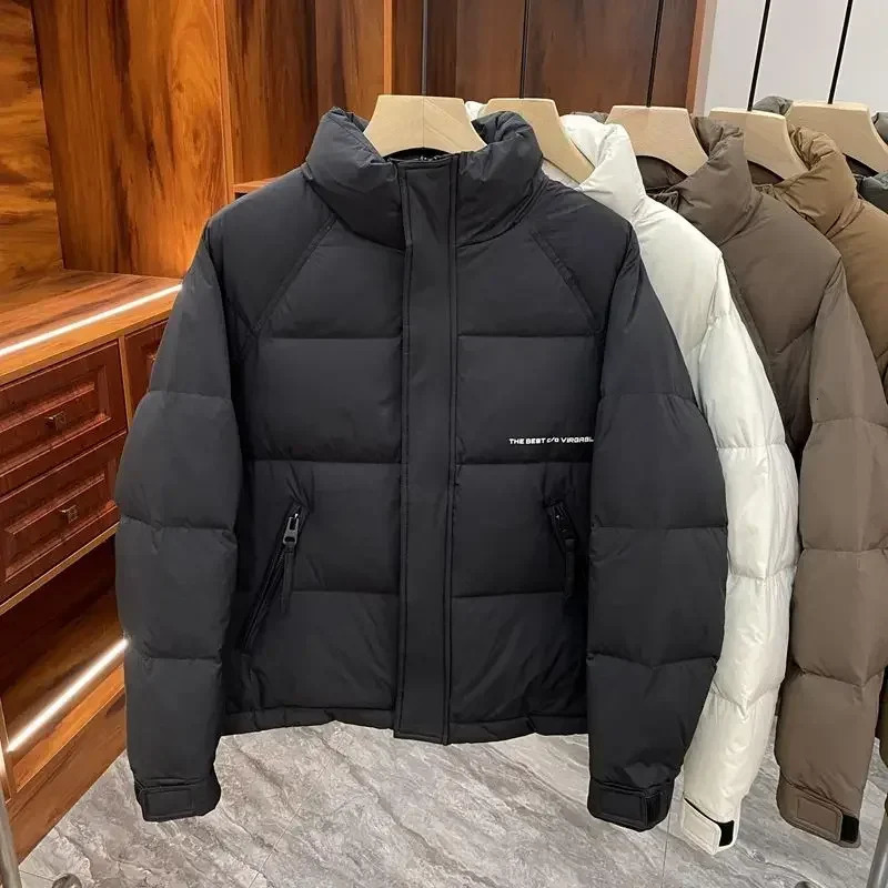 Winter white duck down jacket mens Korean version fashionable solid color casual stand collar short thick warm 250109Z