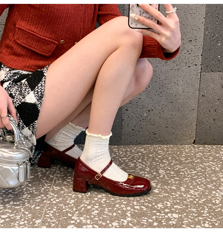 Women's single shoes new spring 2025 high heels square-toe slip-on chunky heel shoes Mary Jane shoes with one-word buckle and shallow mouth