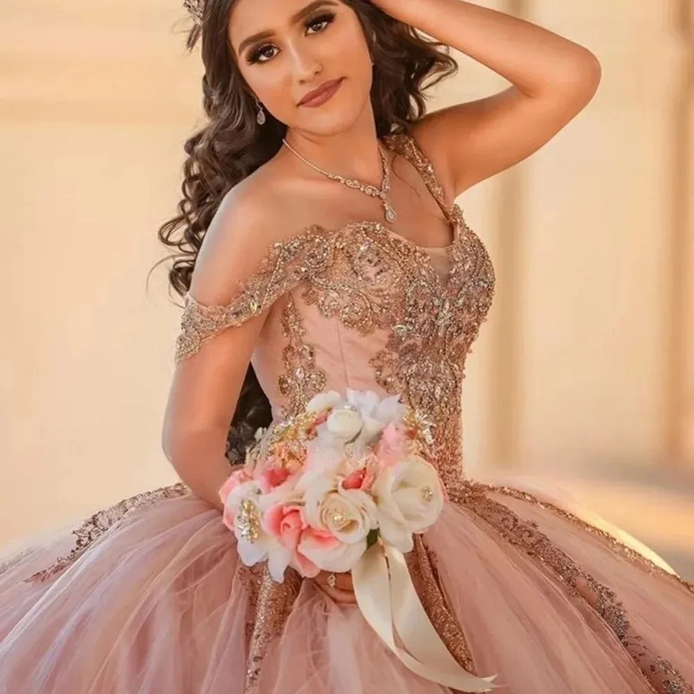 Pink Ral Quinceanera Dresses Sweetheart 3D Wers Ruffles Corset Sweet 15 Vestidos De Anos Ball Gown Off The Shoulder Prom Dress