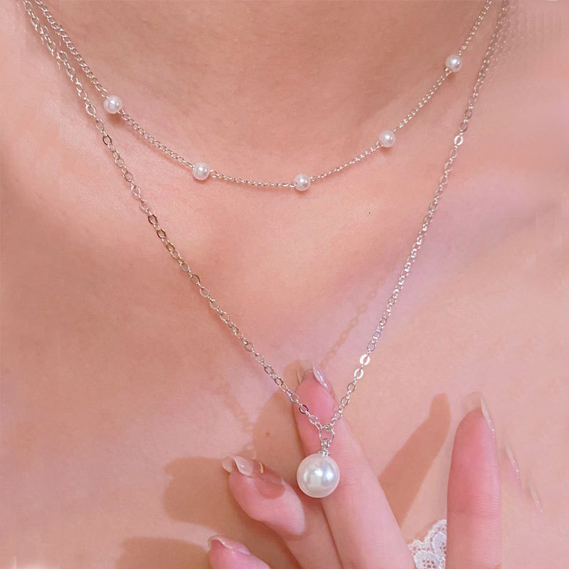 Imitation Pearl Chain Pendant Double Necklace Women's Artificial Pearl Multi-layer Choker Collarbone Chain Jewelry