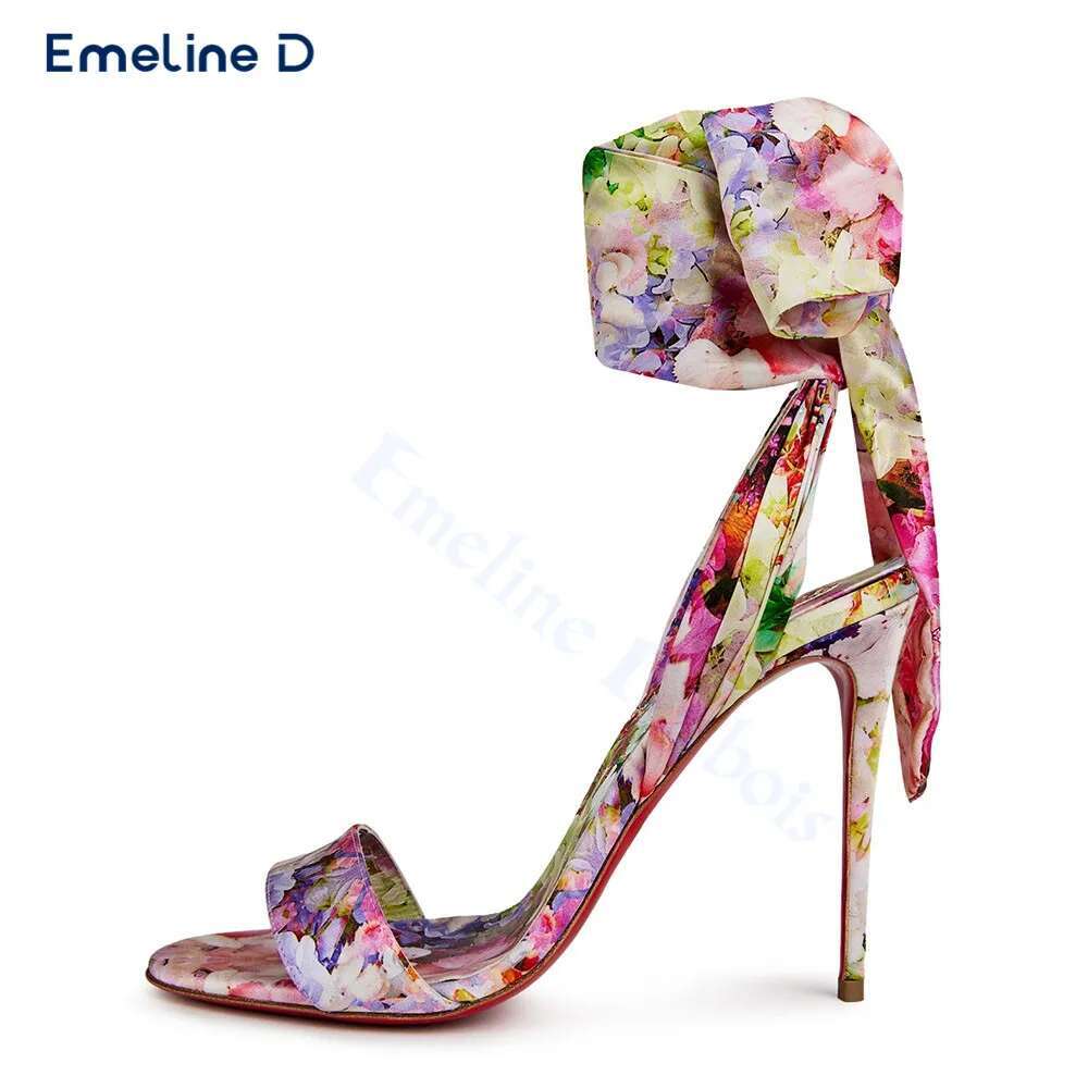 Bright Colorful Wer Print Satin Round Toe One-Strap Stiletto Sexy Sandals Calf Straps Fashionable Women's Shoes