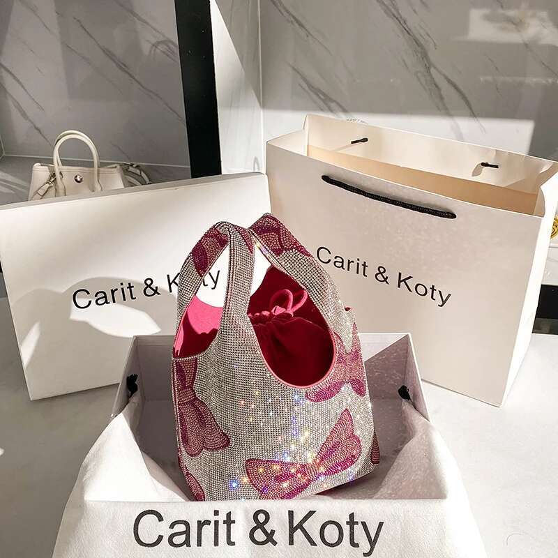 Glitter Shiny Rhie Dia Evening Fashion Clutch Purse Pink Bow Knot Printing Bucket Women's Handbag Shoulder Bag