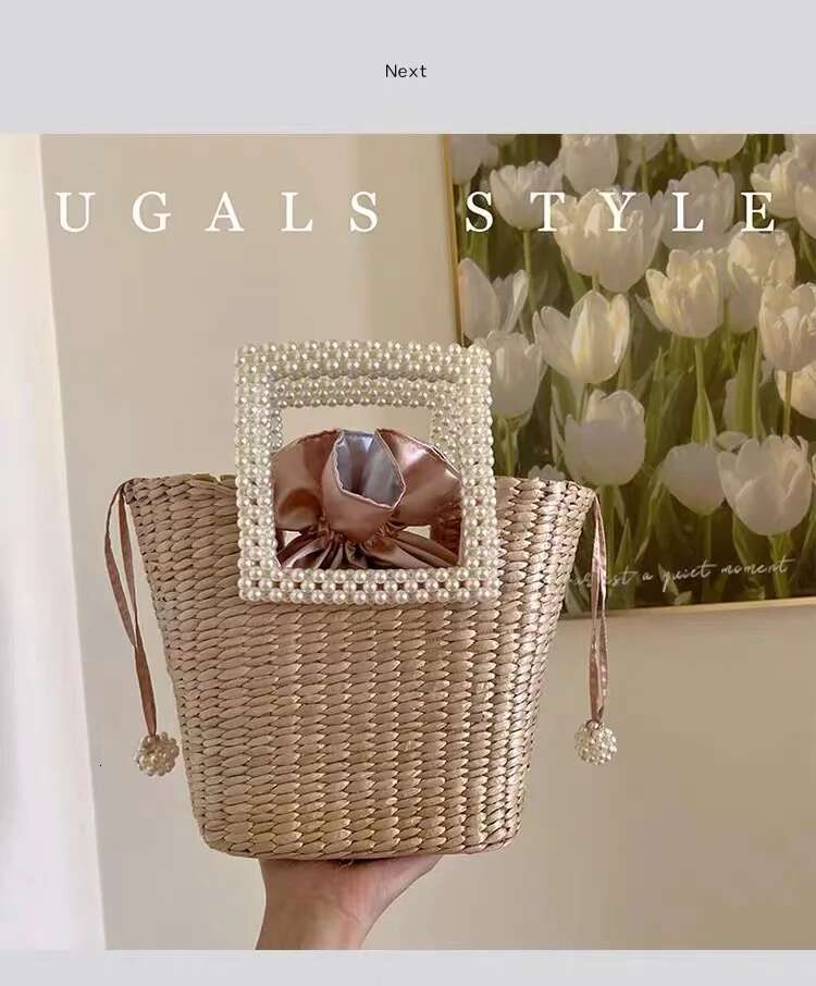 Fashion Women's Handbag Straw Woven Handmade Bucket Pearl Beaded Handle Tote Holiday Beach Large Capacity Casual Bag