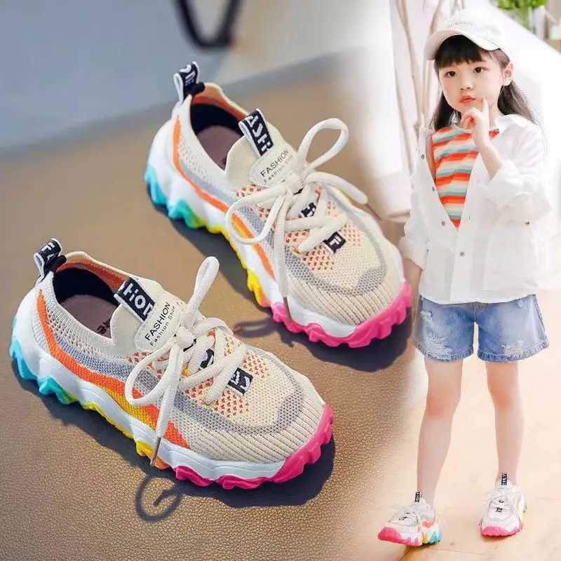 2022 Fashion Childrens Sports Superlight Shoes Knitted Mesh Sports Shoes for Girls Spring Autumn Casual Breathable Childrens Soft Running ShoesXJ25031