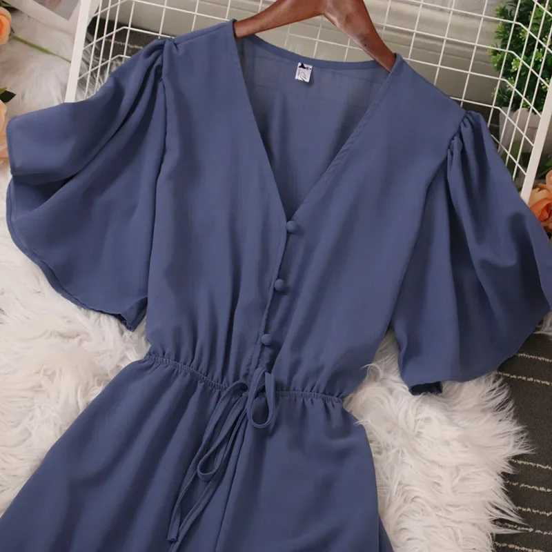 American Women Jumpsuits Fashion V Neck Lace up Loose Wide Legs Pants 2024 New Summer OL Solid Buttons Bodysuits X250318