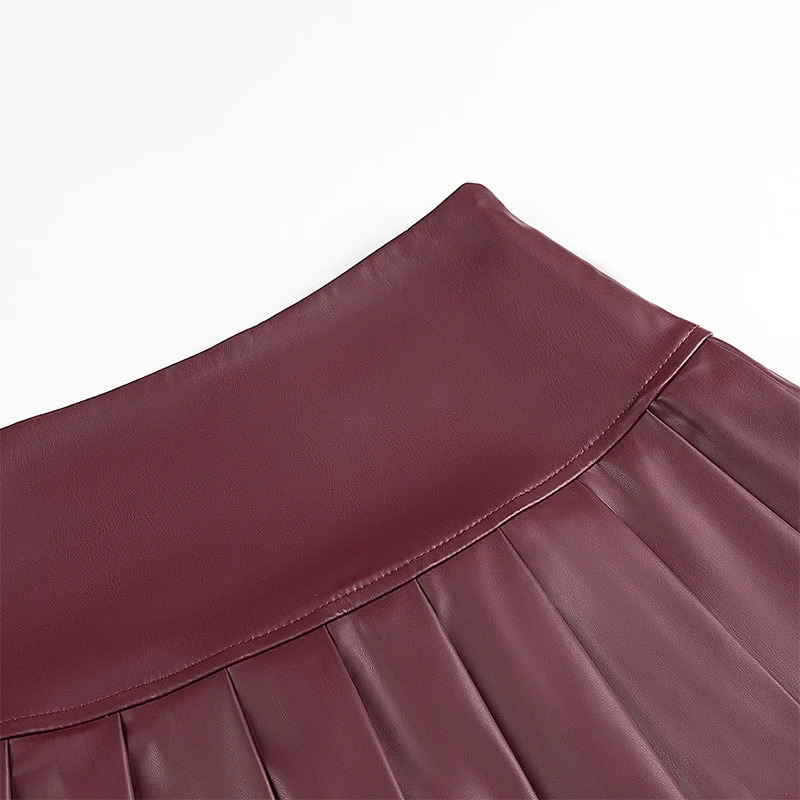 Willshela Women Fashion PU Wine Red Pleated Side Zipper Mini Skirt Vintage High Waist Female Chic Lady Skirts 250318