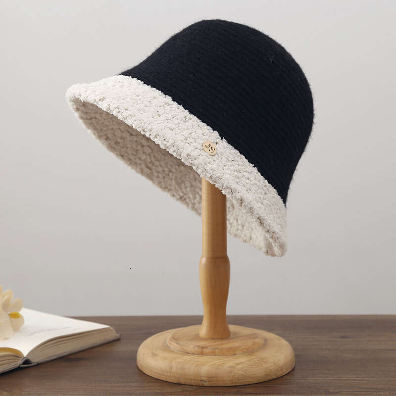Splicing Women's Autumn Winter Plush Fisherman's Korean Edition Warm Knitted Bucket Fashionable Face Showing Small Hat Trendy