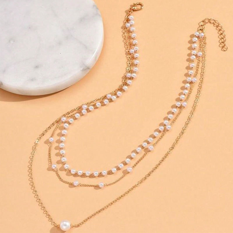 Three Layers Of Imitation Pearl Chain Necklace Women's New High-grade Choker Collar Bone Chain Jewelry
