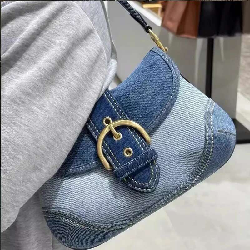 Denim Handbags For Women Design Canvas Splicing Pattern Handbag 2024 Fashion Trend Envelope Underarm Bag