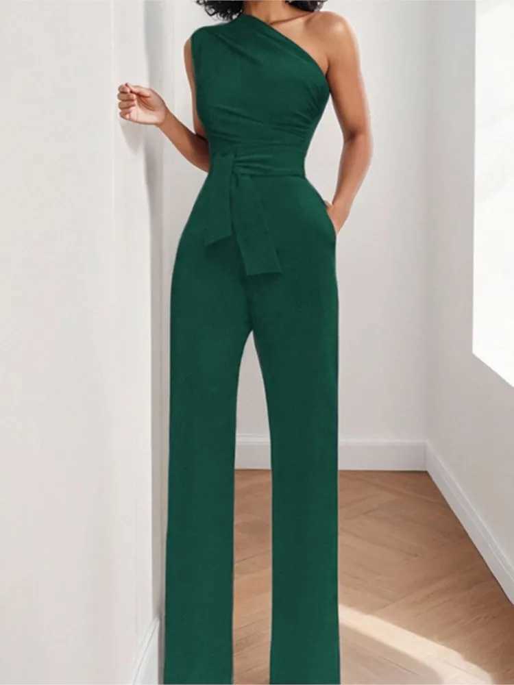 2025 Spring/Summer New Solid Color Single Shoulder Strap Womens jumpsuit Fashion Ultra Thin Elegant Straight Leg jumpsuit X250318