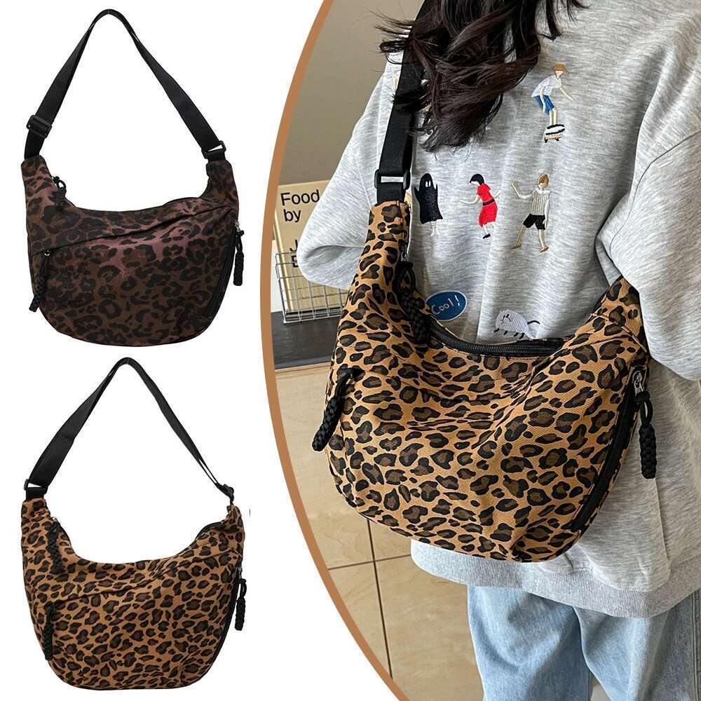 Dumpg Women Stylish Multi-pockets Leopard Print Hobo Sg Adjustable Strap Crescent Crossbody Outdoor Travel Bag