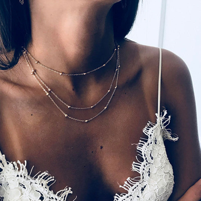 4mm Metal Ball Chain Three Layer Necklace Women's Bohemian Style Multi-layer Round Bead Chain Jewelry