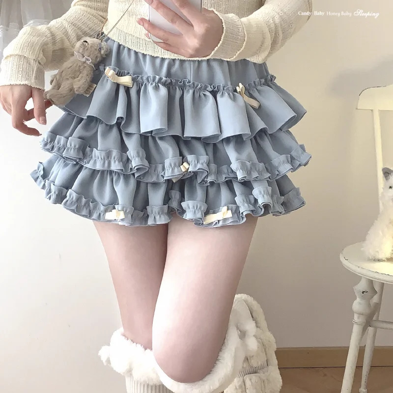 Y2K Sweet Ruffles Mini Skirt Women Kawaii Lolita Bow A Line Skirts Harajuku Japanese Cute High Waist Pink Blue Cake Skirt 250318