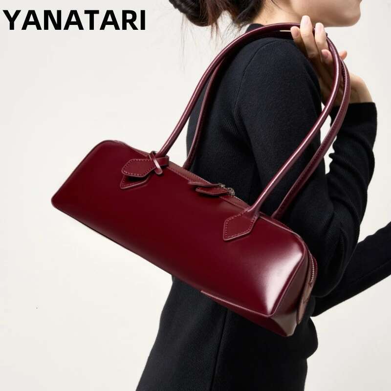 YANATARI Genuine Leather Woman 2025 Korean Vintage Long Shoulder Handbags Ladies Underarm Bag Shopping Bag
