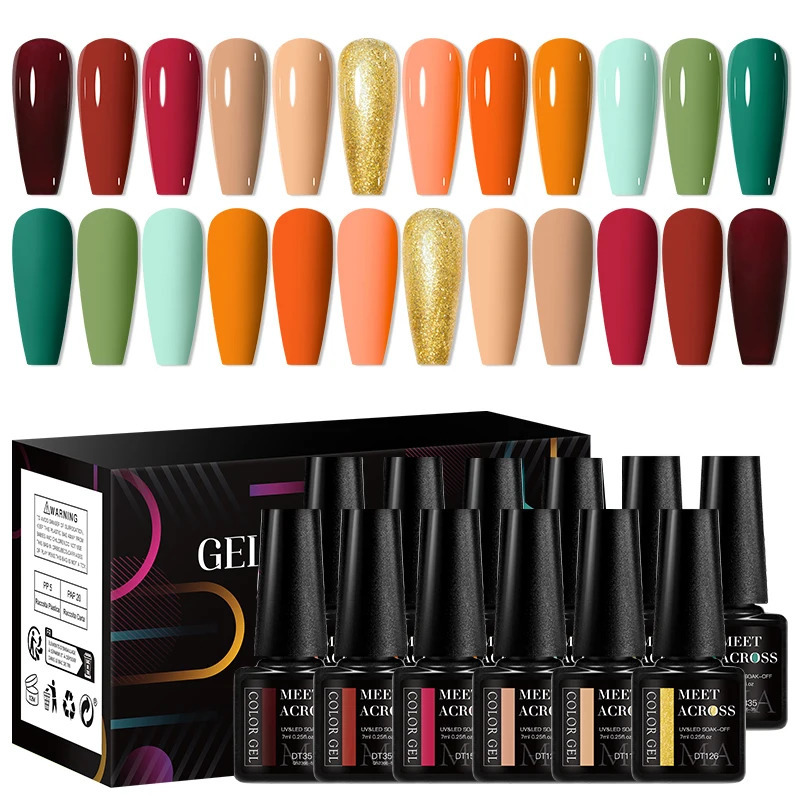 MEET ACROSS 12Pcs/Set Gel Nail Polish Set Colorful Glitter Nail Art Long-Lasting Soak Off UV Gel Kit for Manicure Nails Vernis 250314