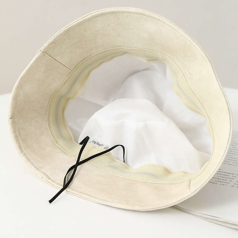 PU leather fisherman for women in spring and autumn, big head circumference, bucket hat, plain covering, face highlighting, small basin hat