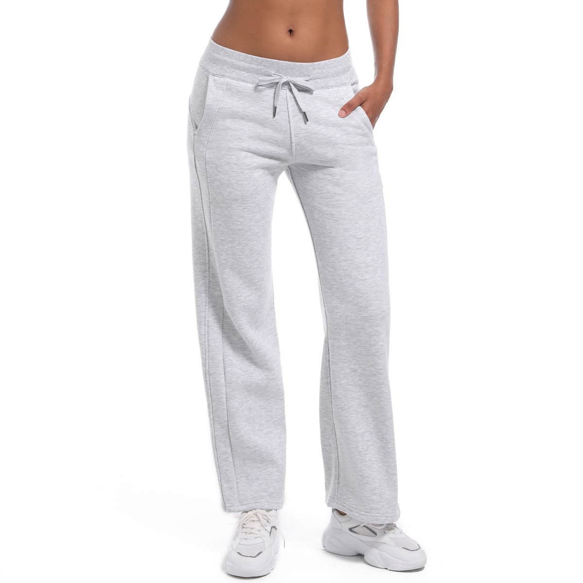 New tracksuit Solid Color Wide with High Comfortable Relaxation for Autumn and Winter, Thickened Velvet Straight Leg Waist Pants, Drawstring Yoga Pant