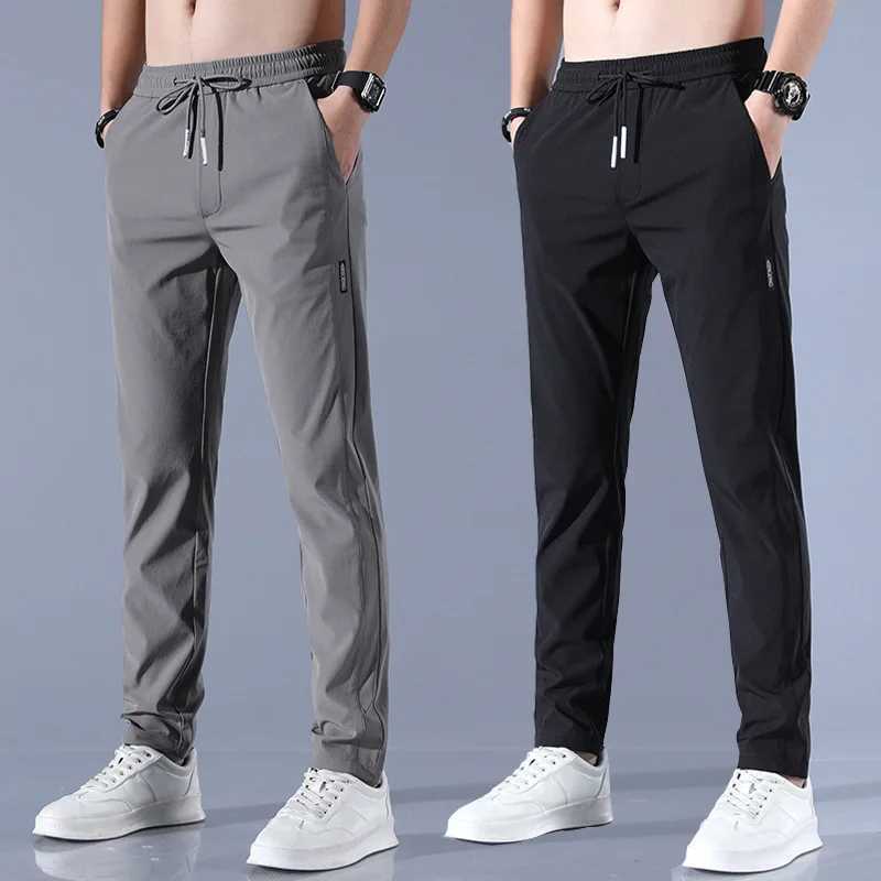 2025 Ice Silk Mens Pants Summer New Black Gray Thin Business Casual Pants Outdoor Elastic Breathable Straight Leg Sweatpants W250318
