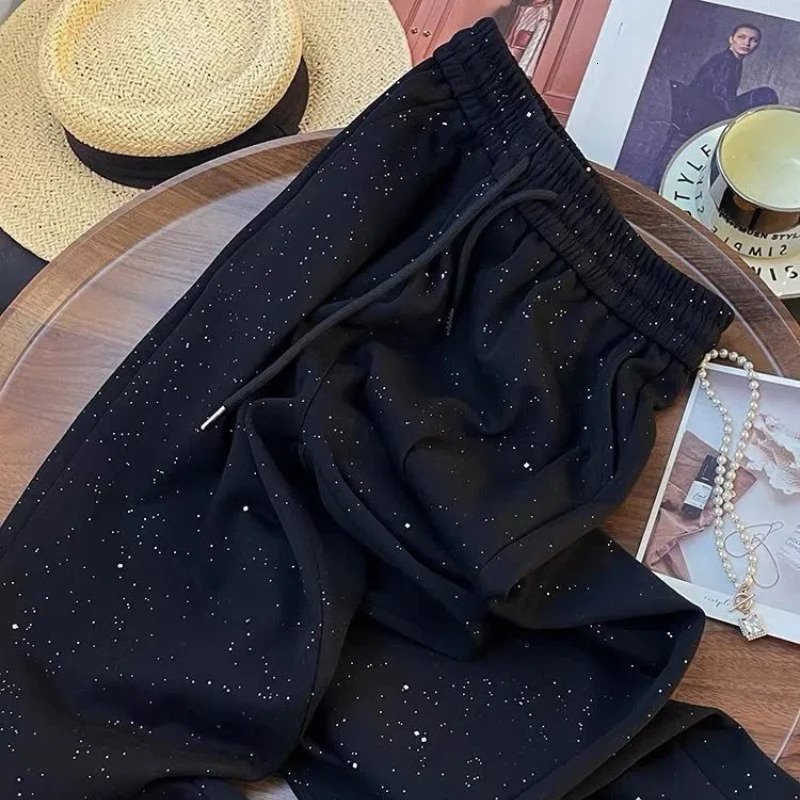 Fashionable and shiny all-star wide pants suitable for women high waisted straight leg casual sportswear Z260314