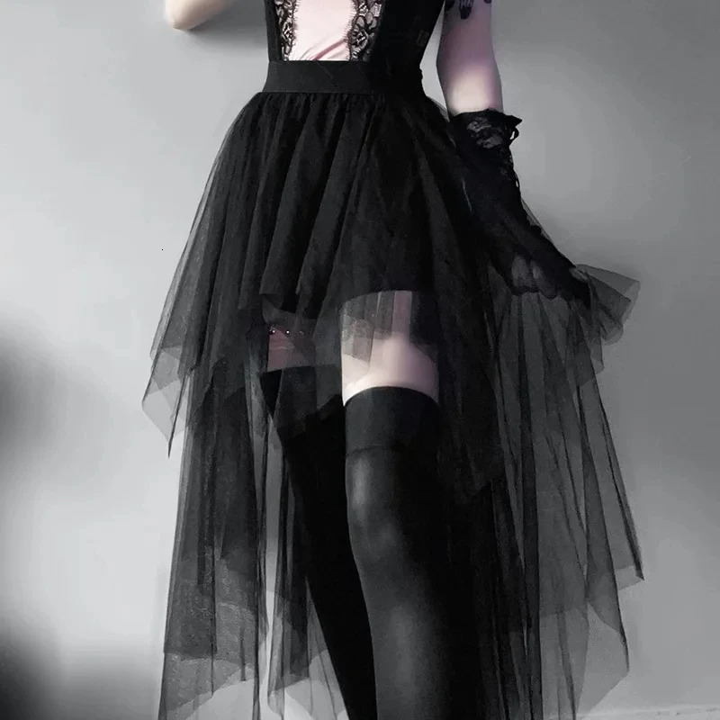 Sexy Net Yarn High-Waisted Irregular Skirt for Women Summer European and American Gothic Style Versatile Casual Skirts Punk 250318
