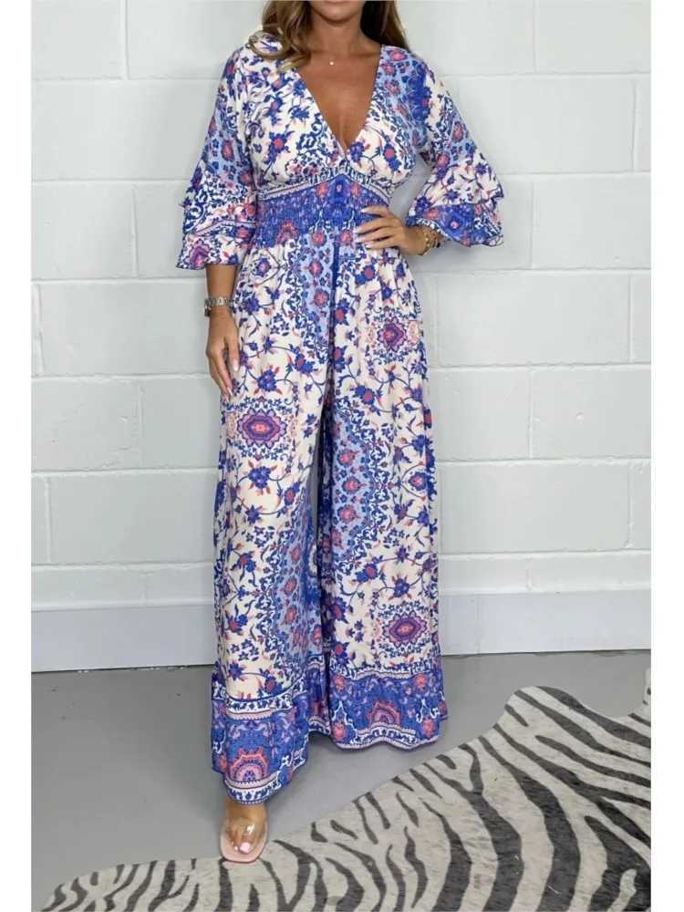 Womens sexy V-neck jumpsuit fashionable printed wide leg high waisted pants jumpsuit womens casual and elegant bohemian womens dress summer new style 