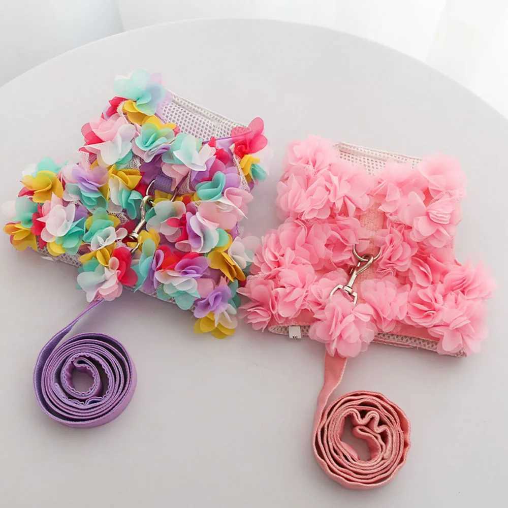 Luxury floral girl dog harness and belt set no pull soft adjustable breathable mesh cute floral puppy pet safety vestT250318
