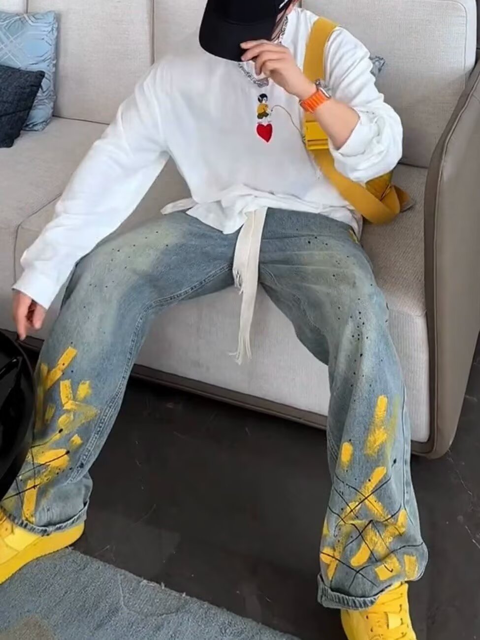 Hand Drawn Inkjet Men Jeans Printed Fashion Y2K Pants Korea Clothes Straight Hip Hop Trousers Male Streetwear