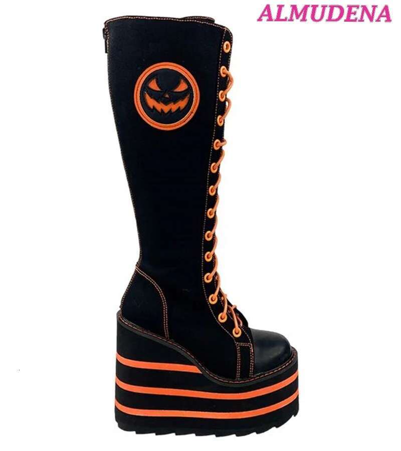 Girl's Y2k Canvas Platform Knee High Boots Colorful Cute Wedges Lace Up Soft Long Boot 2024 New Designer Big Size Lolita Shoes