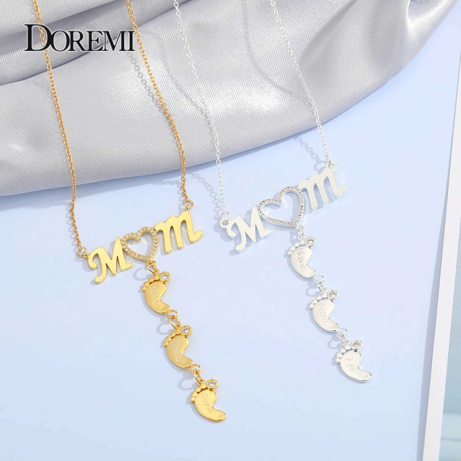 Doremi Baby Foot Pendant MOM Necklace Name Necklace Pendant Customized Birthday Personalized Inlay CZ Heart Shaped Necklace W250318