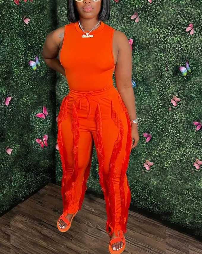 Fashionable solid one-piece casual vest and tassel decoration drawstring pants set tight fitting vest jumpsuit summer womens clothing X250318