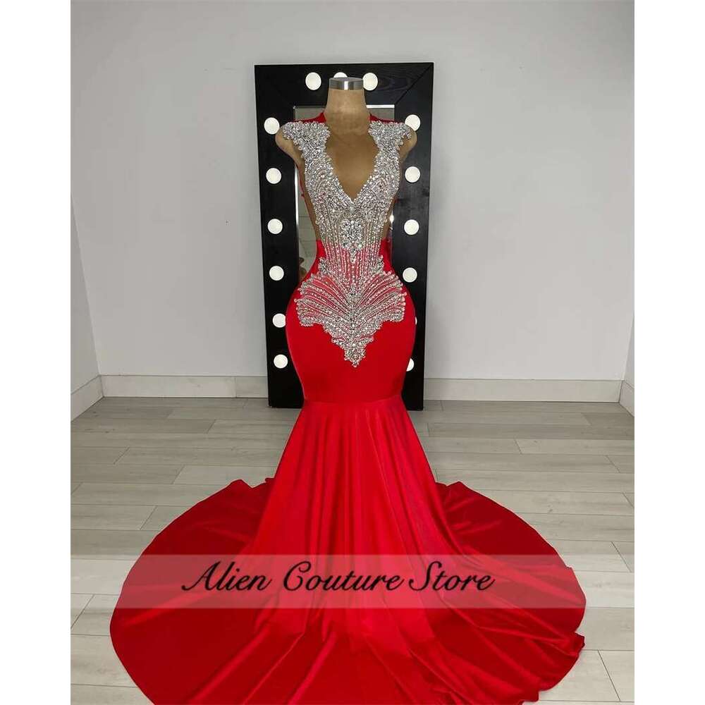 Red Long Prom Dresses Beading Crystal 2024 Elegant Party Vestidos Birthday Dress Evening Robe Customized Dr0318