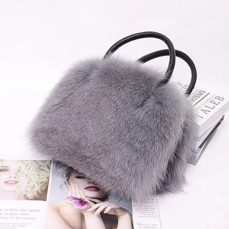 Women Real Top-Handle Winter Fox Shoulder Bag Fluffy Fur Handbag Casual Tote Plush Purse Crossbody Bags