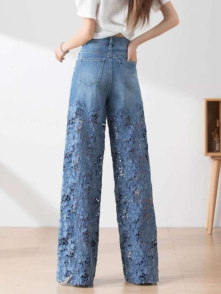 VGH Solid Hollow Out Patchwork Lace Casual Jeans For Women High Waist Spliced Pockets Minimalist Loose Wide Leg Pants Female New