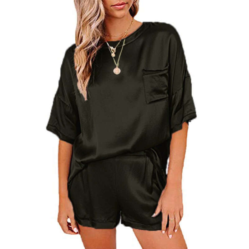 European and American Solid Color Chiffon Pamas Home Clothes Short Sleeve Shorts Loose Casual Two Piece Set 2025 Versatile Style New Trendy Clothing I