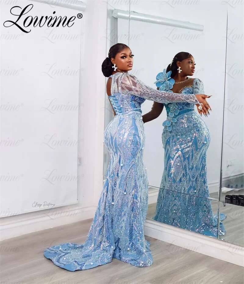Mermaid Prom African Plus Size Customized Long Sleeves Sequined Pearl Crystals Evening Formal Dress Party Gowns Dr0318