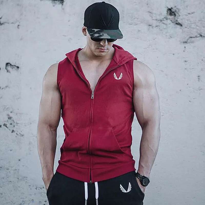 Men's Running Fiess Sleeveless Hooded Sweatshirts Jackets For Man Zip Hoodie Vest Gym Clothing Sportswear Jogging Tracksuits