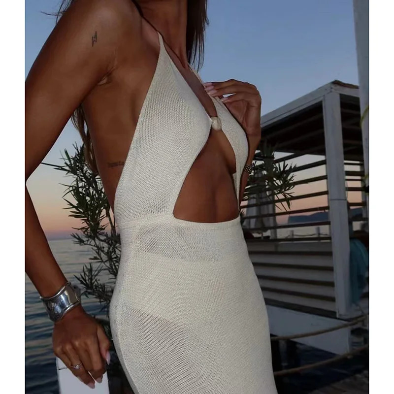 Knitted Tight Dress Bikini Cover White Black Tuned Summer Sexy Ultra Thin Maxi Pendant Womens Beach Wear 250314