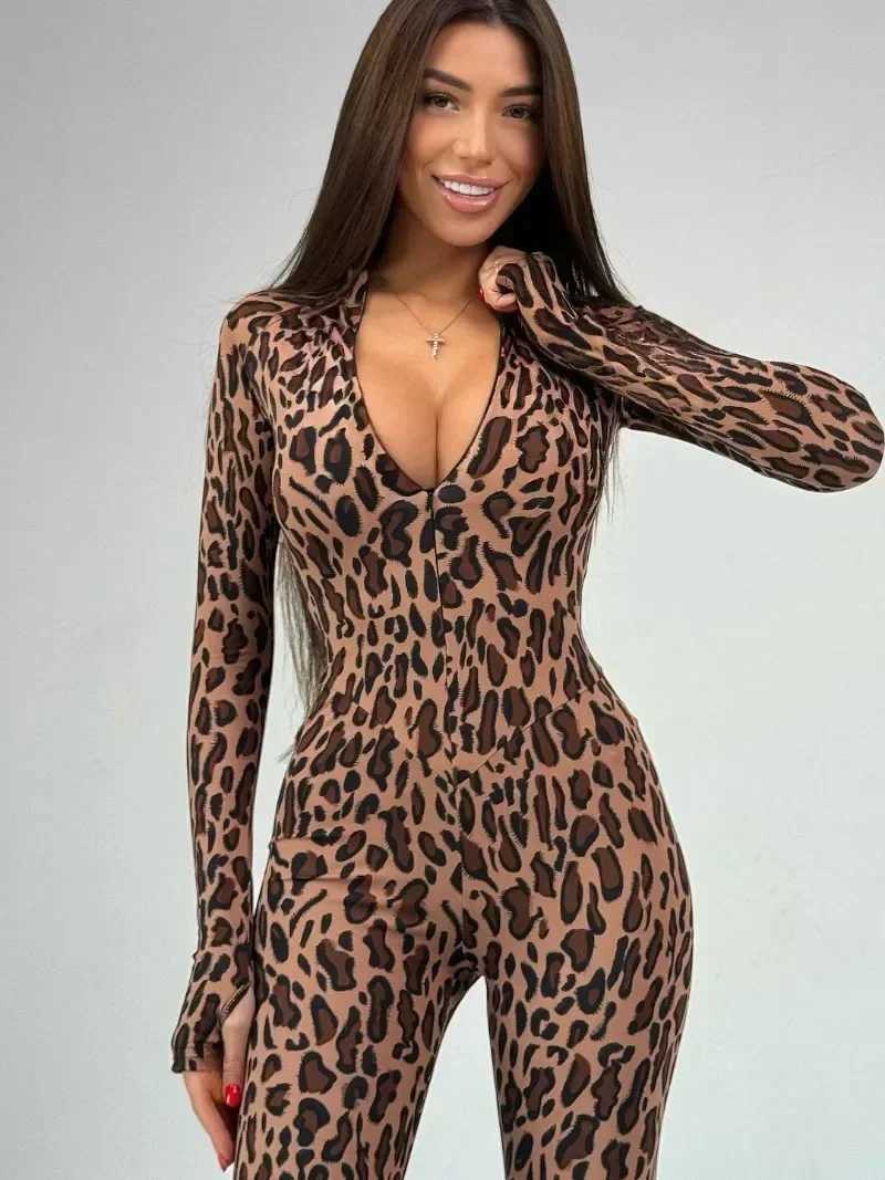 Womens 2025 Zipper jumpsuit Sleve leopard print one-piece tight fitting womens high waisted Tunics Sports Overalls X250318