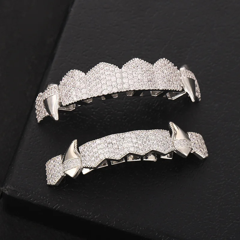 Hip Hop Full CZ Stones Teeth Caps Cubic Zircon Iced Out Micro Pave Top Bottom Charm Grills For Men Women Jewelry 250318
