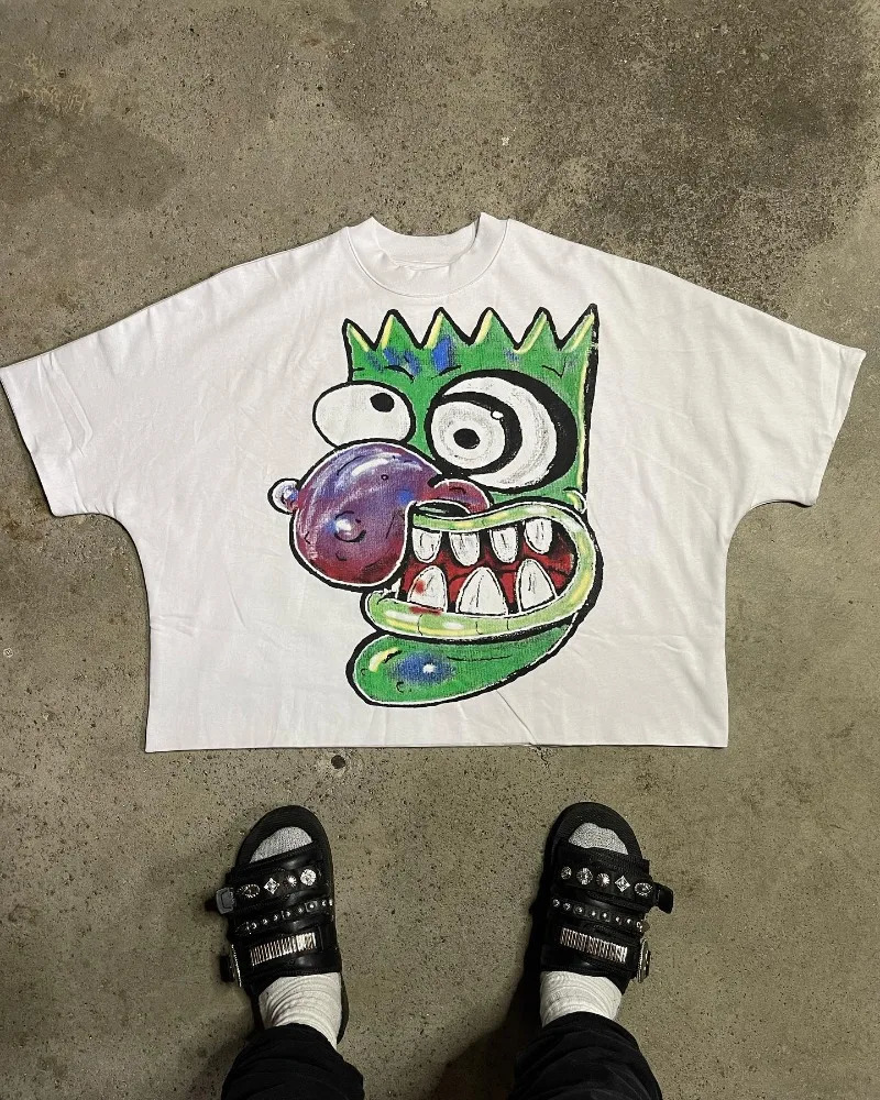 Y2K American vintage cartoon print short sleeve T-shirt Men Harajuku fashion High street couple oversized casual shirt 250318