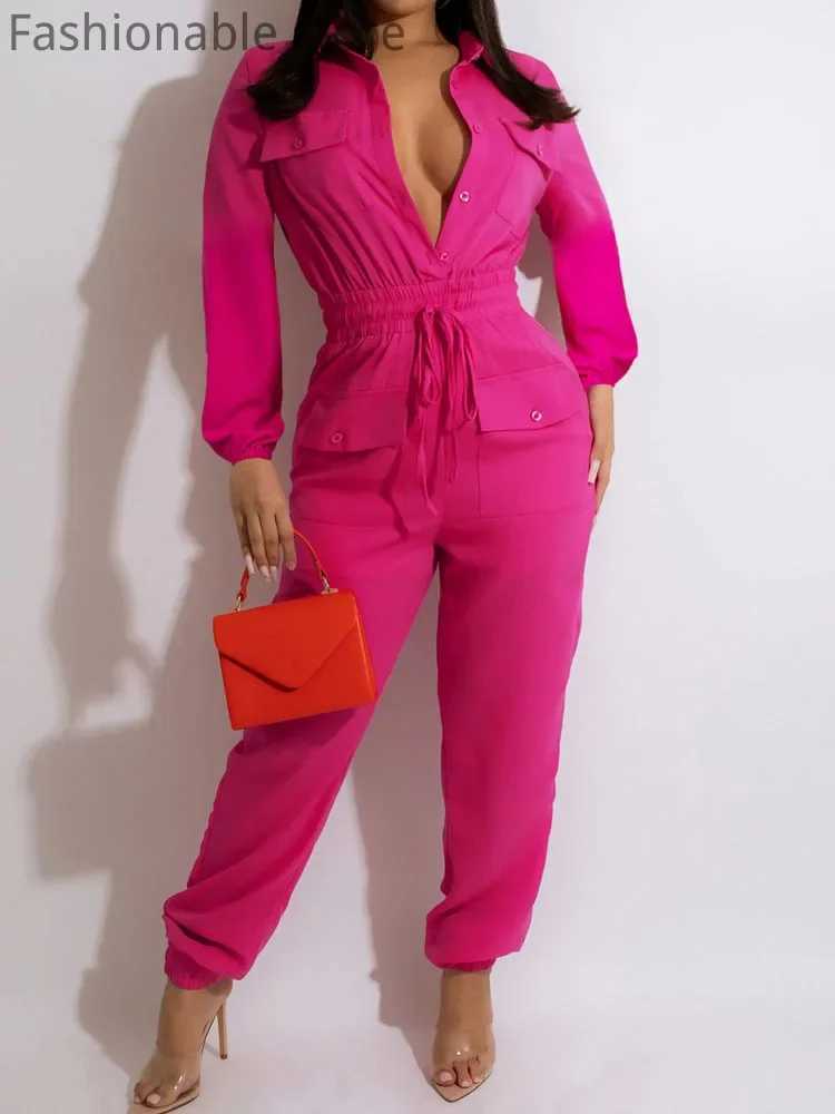 Womens jumpsuit pocket front button brushed straight jumpsuit solid color wrapped cargo pants X250318