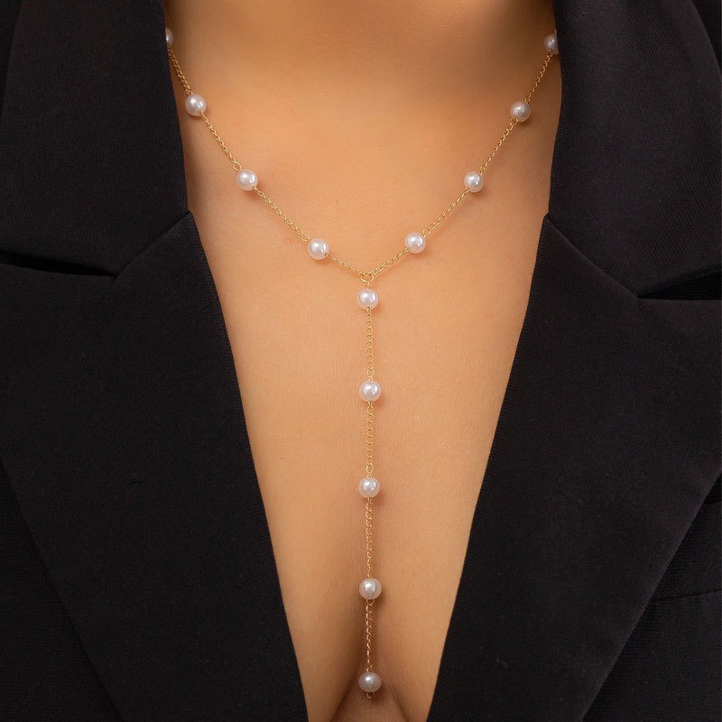 Imitation Pearl Chain Y Necklace Women French Simple Long Pearl Fringe Item Jewelry