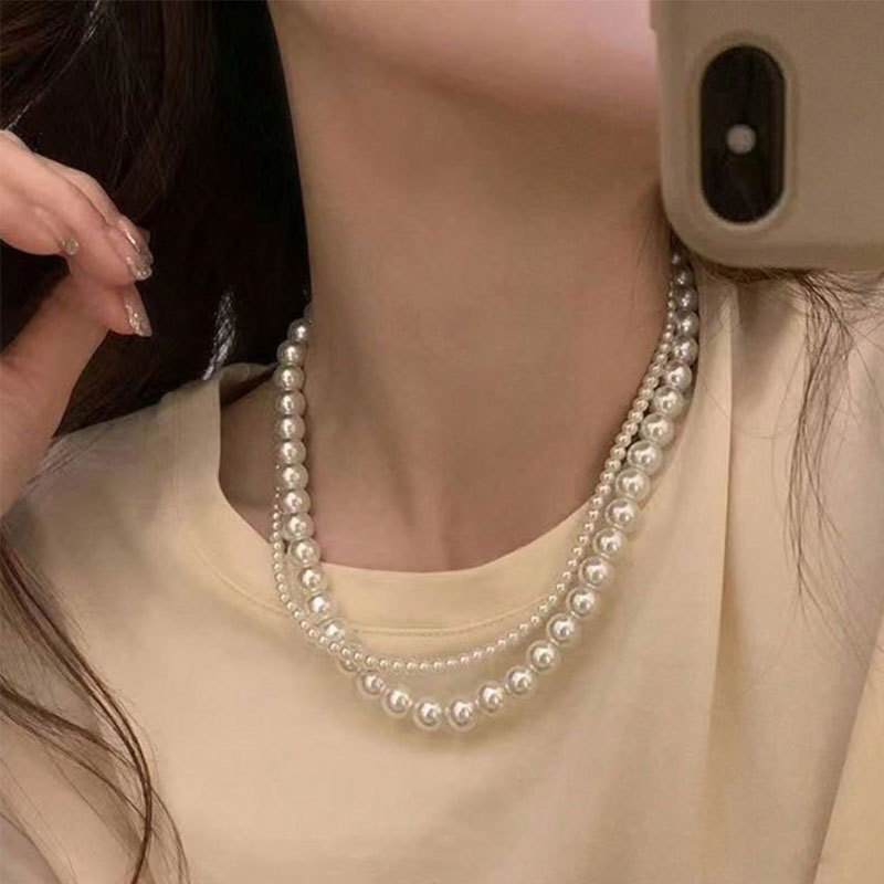 Double Layer Long Imitation Pearl Necklace Women's Multi-layer Choker Collarbone Chain Jewelry
