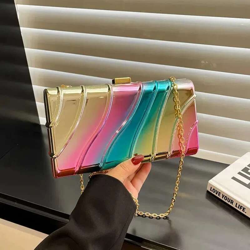 Box Evening Bags For Women 2025 Trend Metallic Fashion Square Crossbody Mirror Candy Chain Party Shoulder Bag Woman