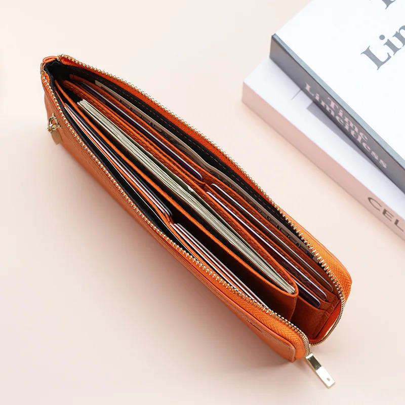 Leather long zipper wallet bag RFID card holder cowhide handbag coin wallet clutch phone bag 250317