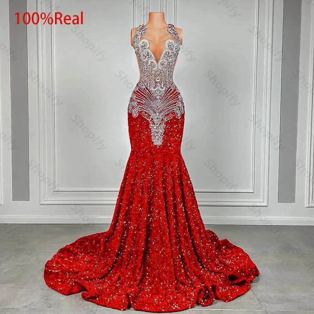 Sparkly Red Sequin Mermaid Dresses 2025 Sier Crystal Beaded Sheer Neck Long Prom Gowns For Black Girls Customized Dr0318