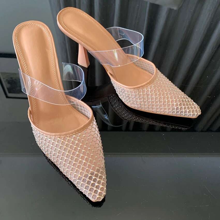 Woman Sandal Sexy Rhies Mesh Pointed Toe Sgback Brand Elegant Party High Heels Shoes For Lady Summer Footwear