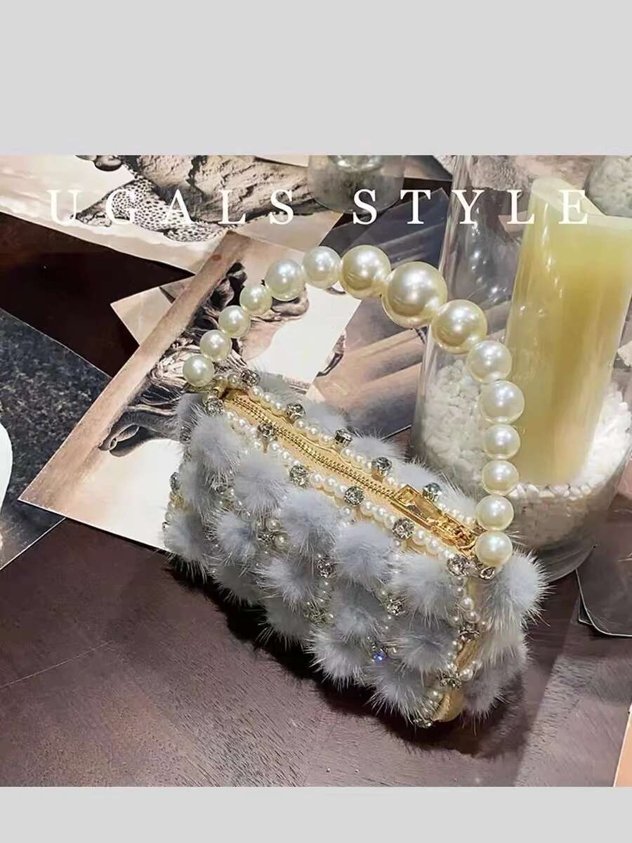 Mink Hair Pearl Beading Square Women Handbag Glitter Dias Evening Wedding Party Clutch Purse Crossbody Bag