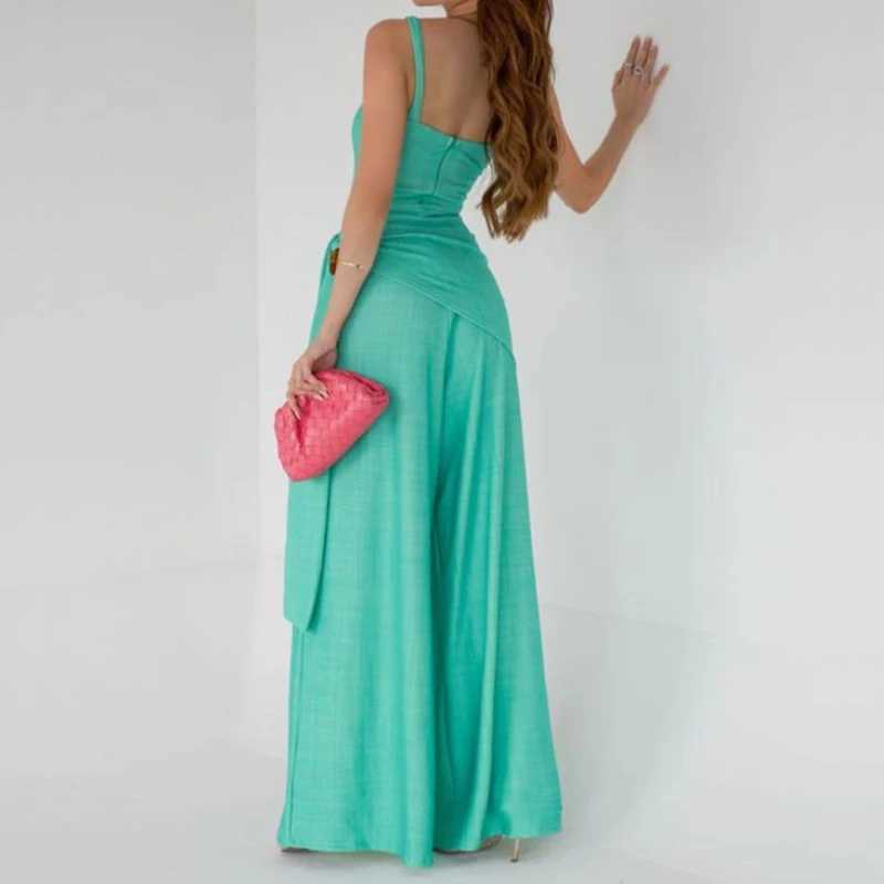 Office Fashion Waist Lace-up Long Jumpsuits Women Elegant Slveless Solid Party Rompers Summer Casual Loose Playsuits Overalls X250318