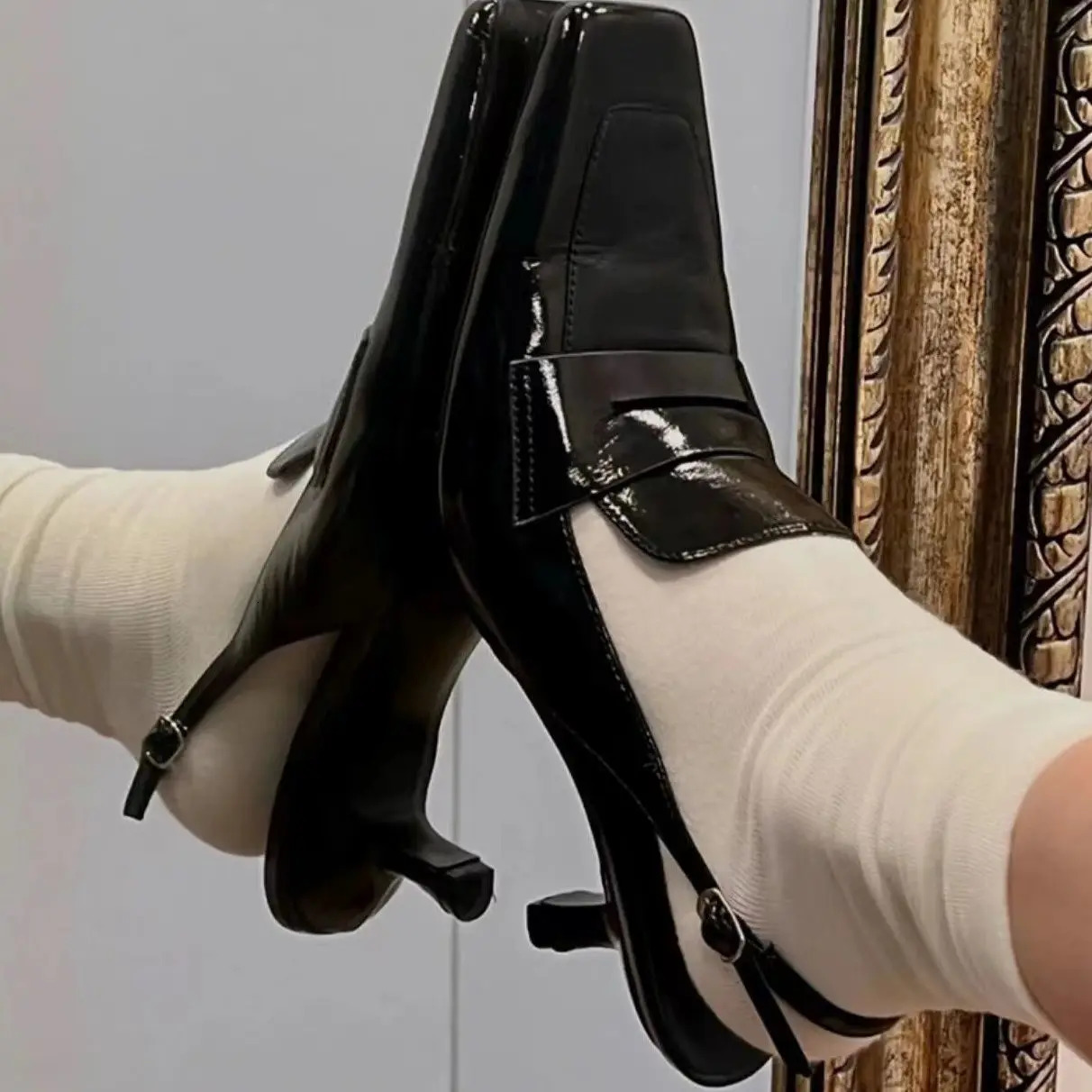 Kitten Heel Slippers Slim Heels Square Toe High Heels Shoes French Baotou Sandals Womens Summer Fashion Women Sandals 250318